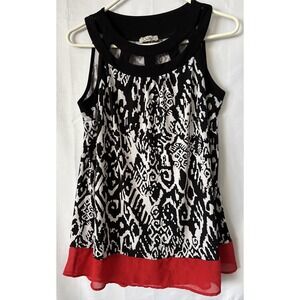 Ivy Ridge Black/ White Blouse Design Cut Out Detail Sleeveless Red Trim Dressy L